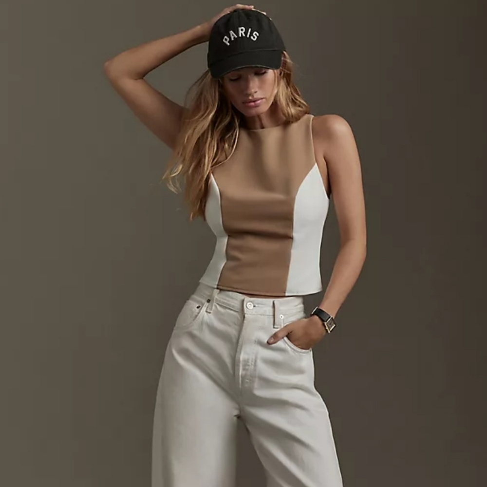 Anthropologie Flat White Colorblock Tank Tan‎ White Women's Large NWT